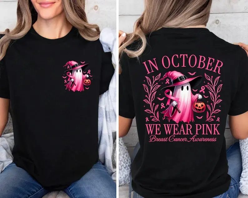 Comfort Colors In October We Wear Pink Ghost Shirt, Witch Hat Pink Ribbon Shirt, Breast Cancer Awareness Gift — photo 3