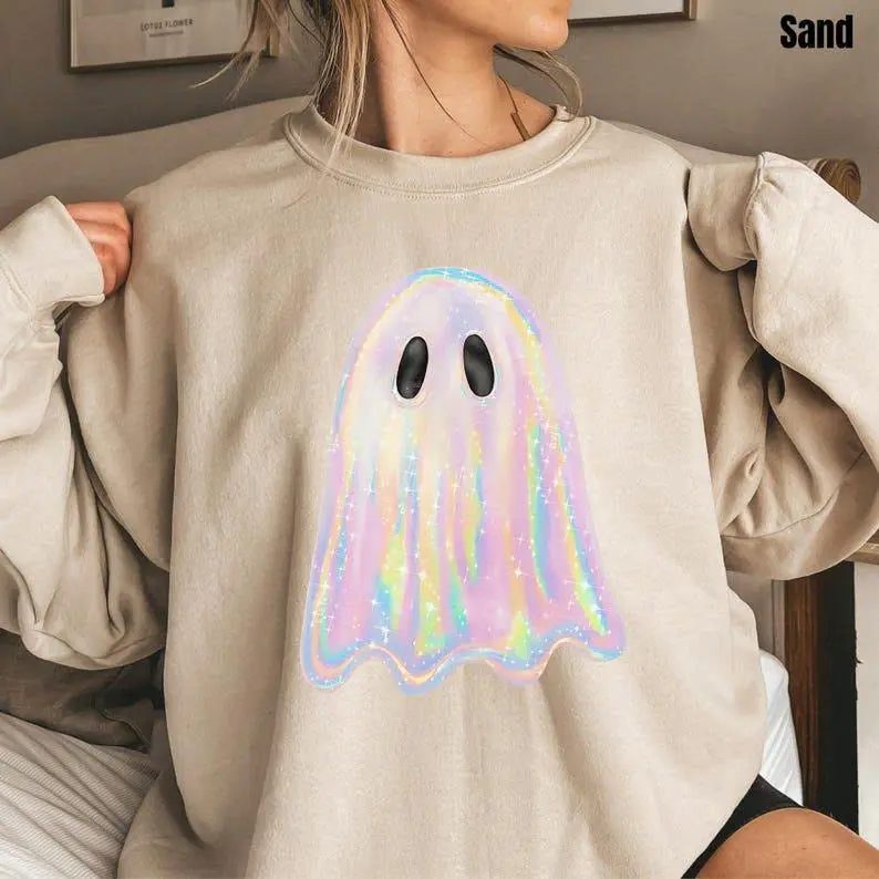 Iridescent Ghost Sweatshirt, Cute Ghost Sweatshirt, Pastel Halloween Crewneck, Spooky Season Gift for Her