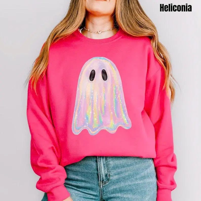 Iridescent Ghost Sweatshirt, Cute Ghost Sweatshirt, Pastel Halloween Crewneck, Spooky Season Gift for Her — photo 2
