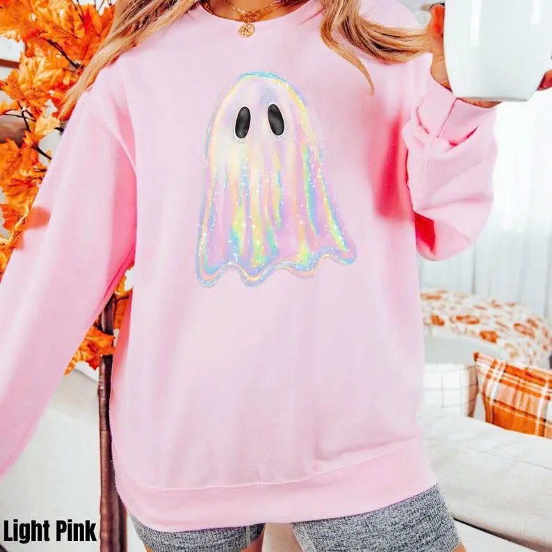 Iridescent Ghost Sweatshirt, Cute Ghost Sweatshirt, Pastel Halloween Crewneck, Spooky Season Gift for Her — photo 3