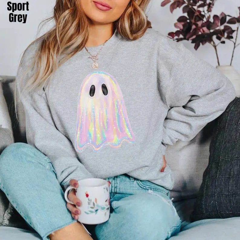 Iridescent Ghost Sweatshirt, Cute Ghost Sweatshirt, Pastel Halloween Crewneck, Spooky Season Gift for Her — photo 4