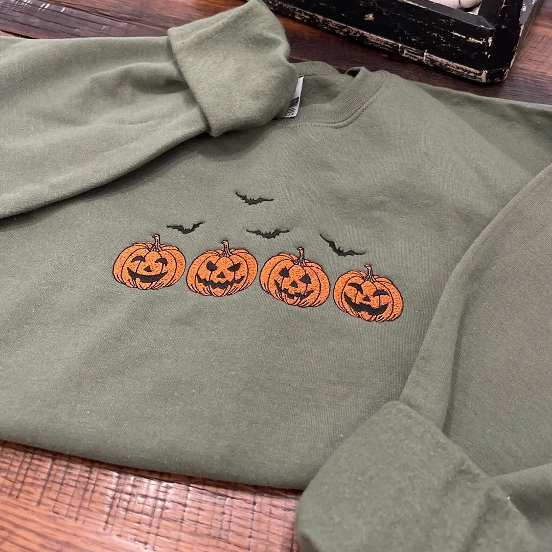 Jack O Lantern Embroidered Sweatshirt, Bats Halloween Crewneck, Spooky Season Gift for Her — photo 3