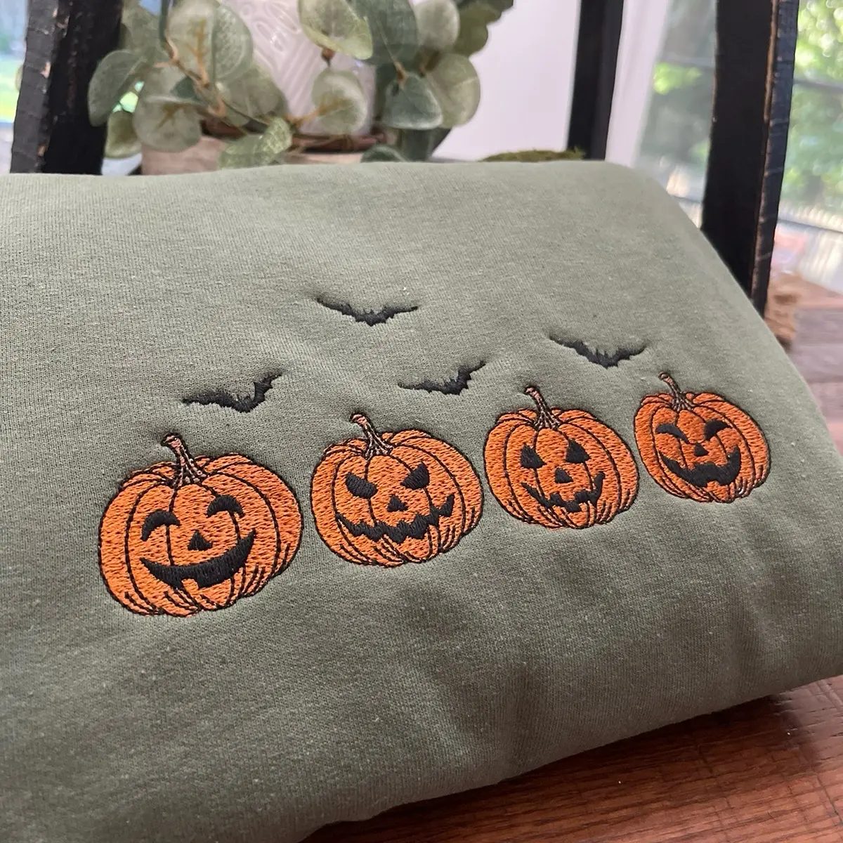Jack O Lantern Embroidered Sweatshirt, Bats Halloween Crewneck, Spooky Season Gift for Her — photo 4