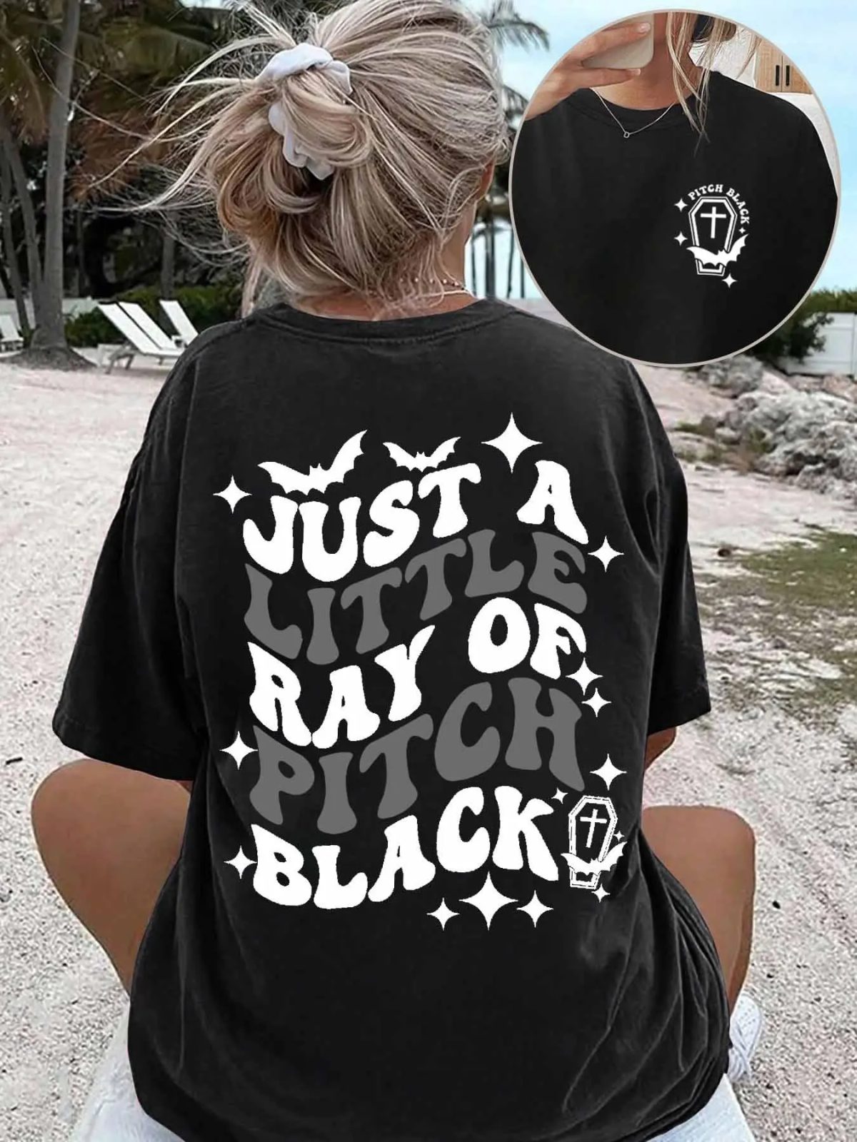 Just A Little Ray Of Pitch Black Halloween Party Shirt, Bat Coffin Back Print Tee, Spooky Group Gift