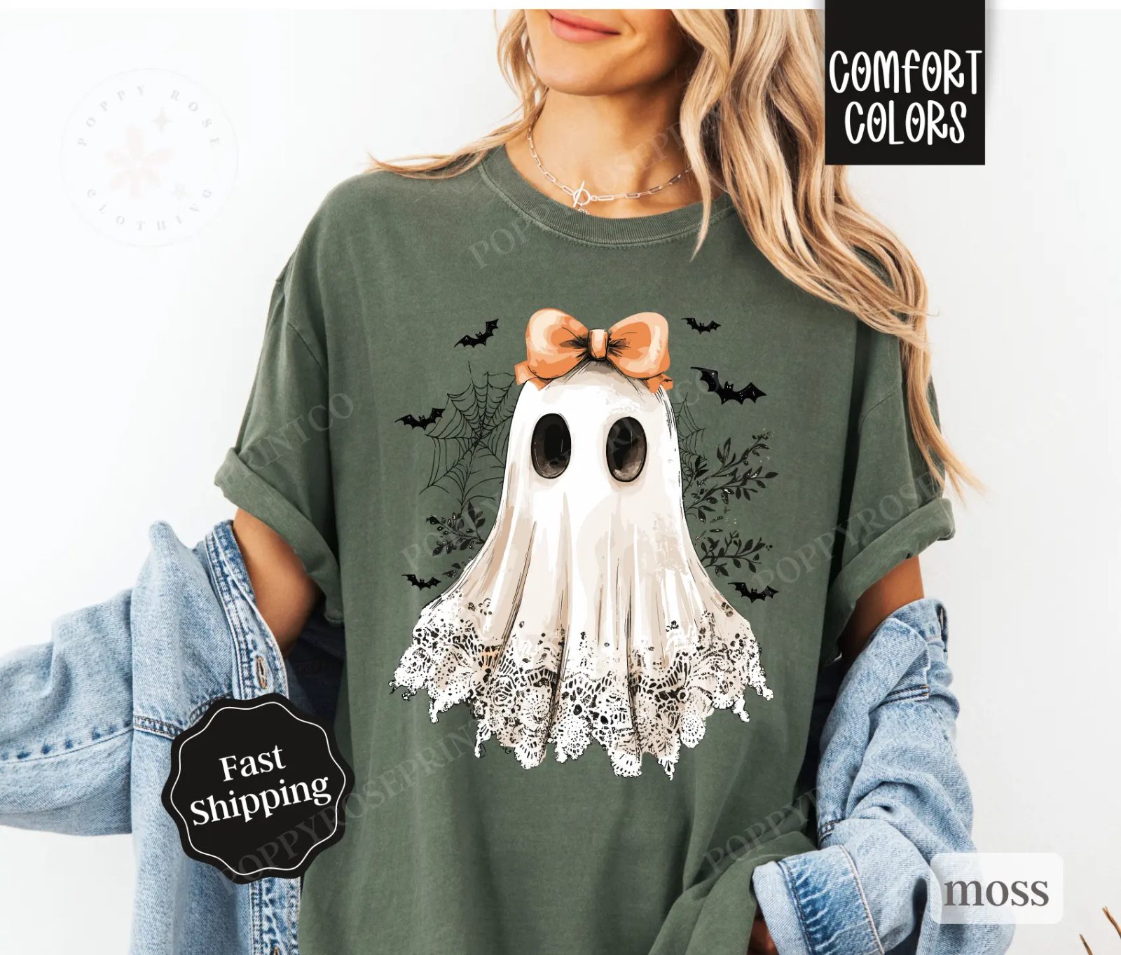 Comfort Colors Cute Ghost Shirt, Coquette Lace Ghost Tee with Bow, Spooky Season Gift for Her