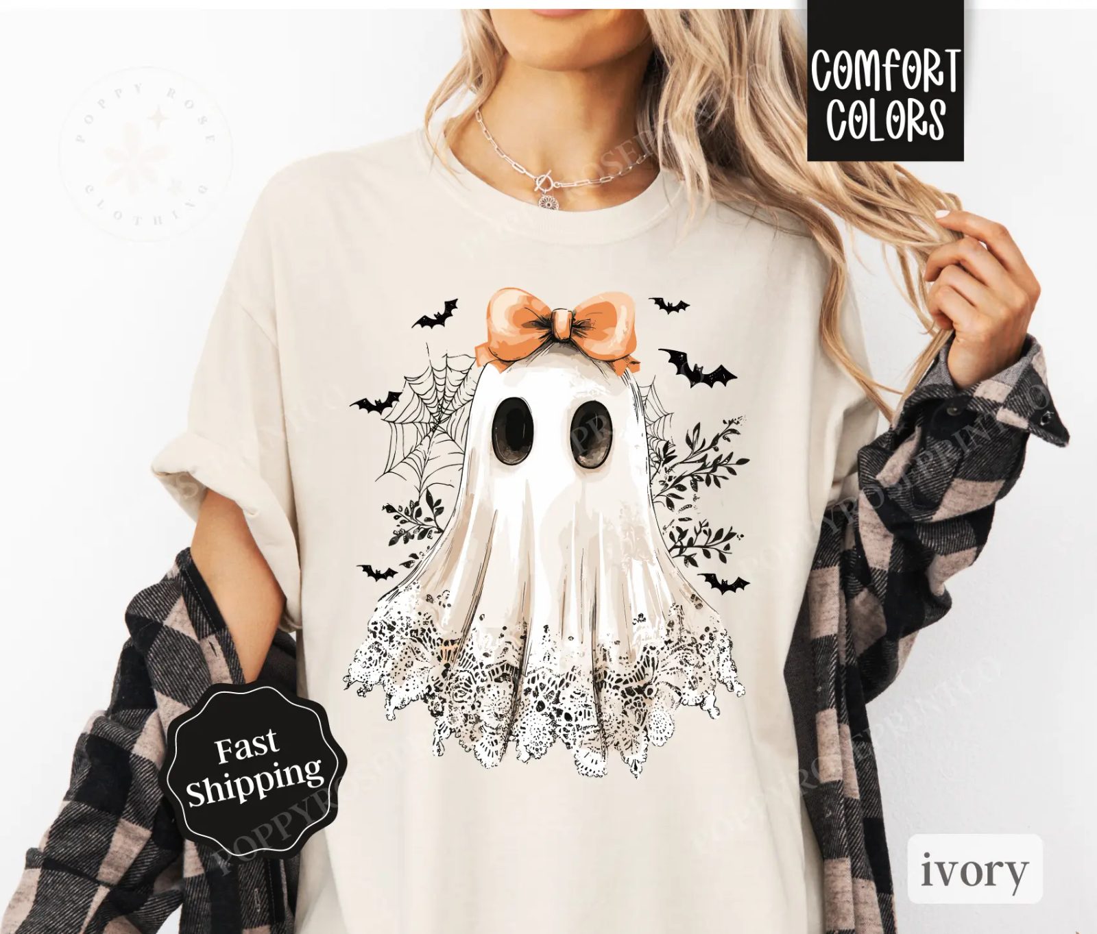 Comfort Colors Cute Ghost Shirt, Coquette Lace Ghost Tee with Bow, Spooky Season Gift for Her — photo 2