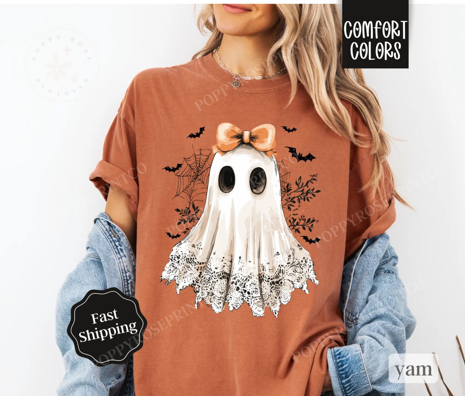 Comfort Colors Cute Ghost Shirt, Coquette Lace Ghost Tee with Bow, Spooky Season Gift for Her — photo 3