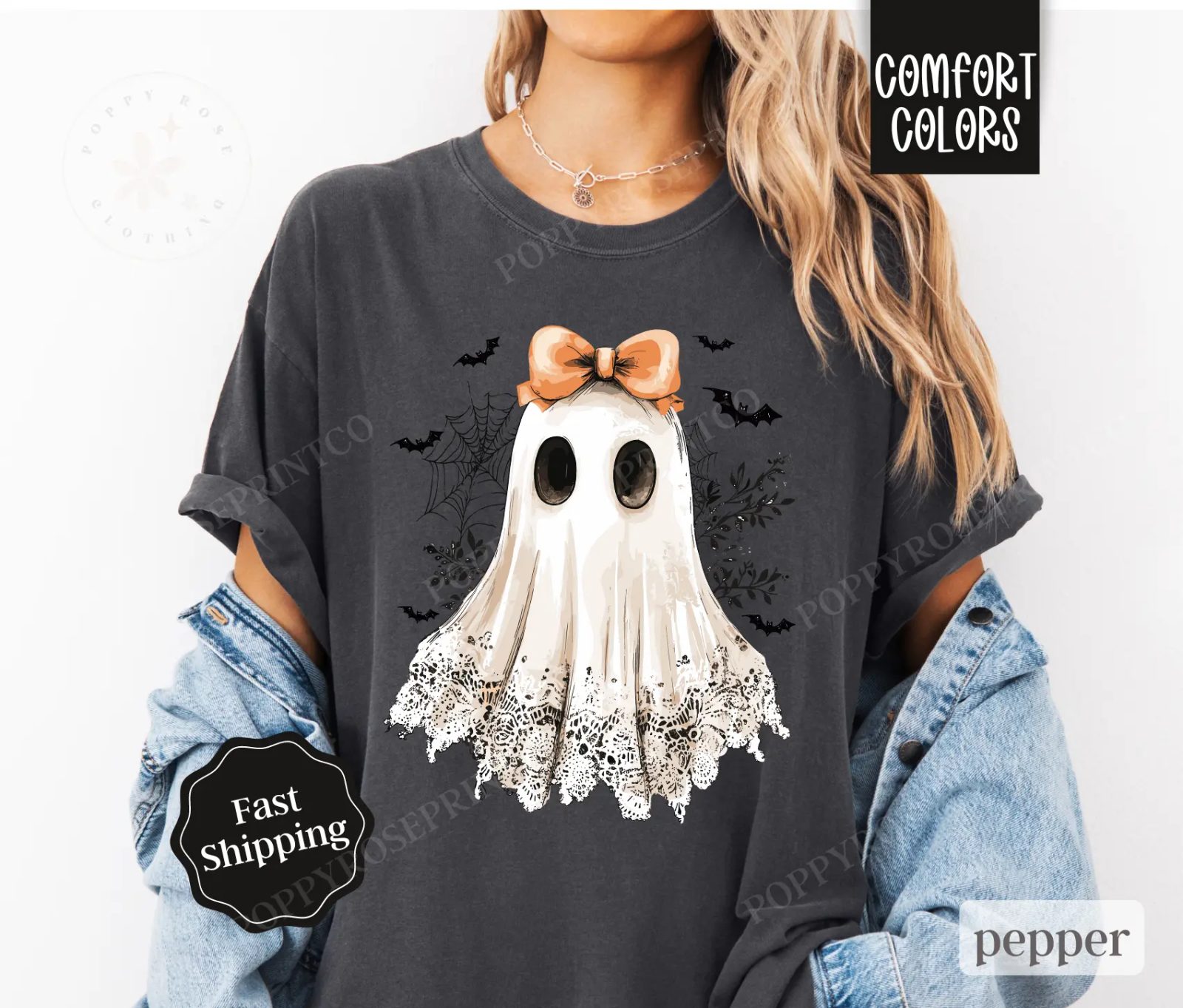 Comfort Colors Cute Ghost Shirt, Coquette Lace Ghost Tee with Bow, Spooky Season Gift for Her — photo 4