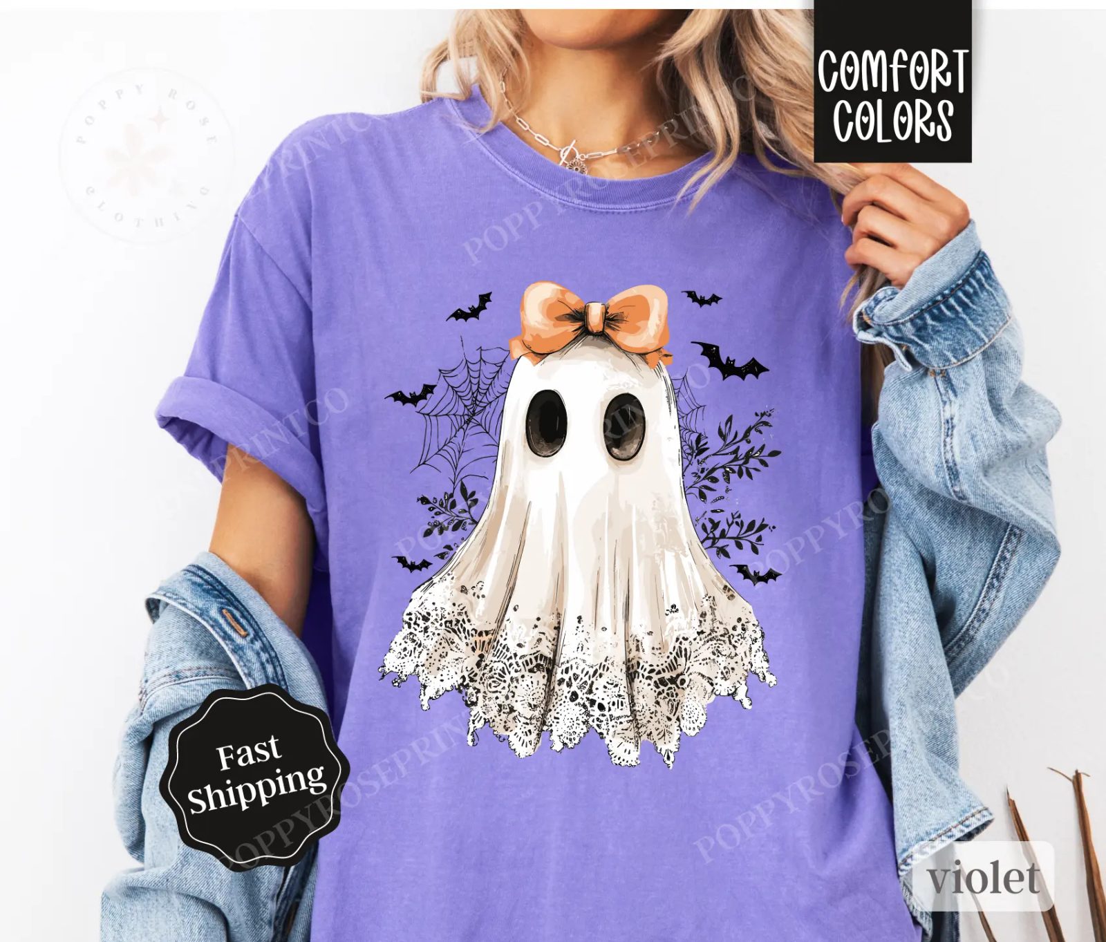 Comfort Colors Cute Ghost Shirt, Coquette Lace Ghost Tee with Bow, Spooky Season Gift for Her — photo 5