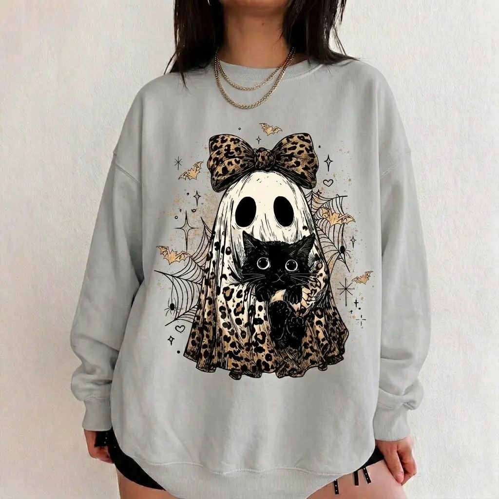 Leopard Bow Ghost Sweatshirt, Coquette Black Cat Crewneck, Whimsigoth Halloween Crewneck, Gift for Her