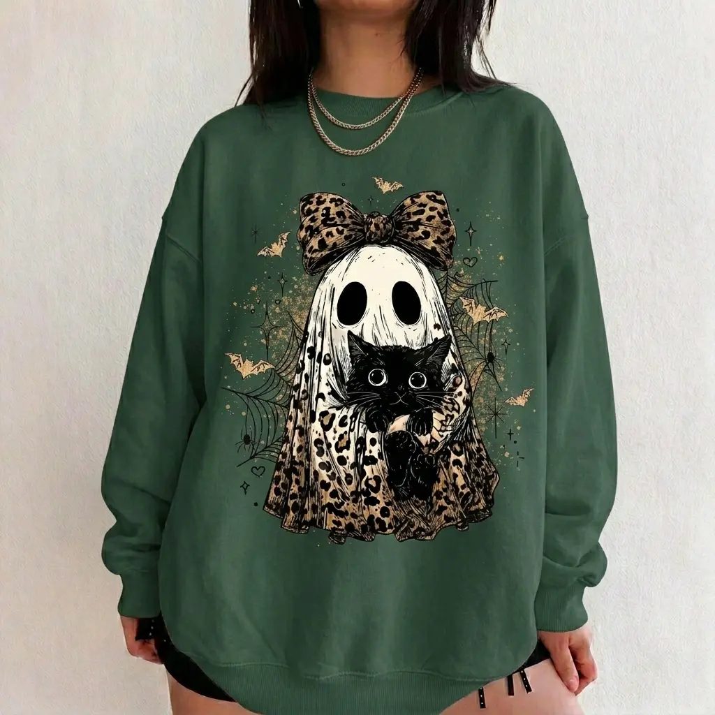 Leopard Bow Ghost Sweatshirt, Coquette Black Cat Crewneck, Whimsigoth Halloween Crewneck, Gift for Her — photo 2