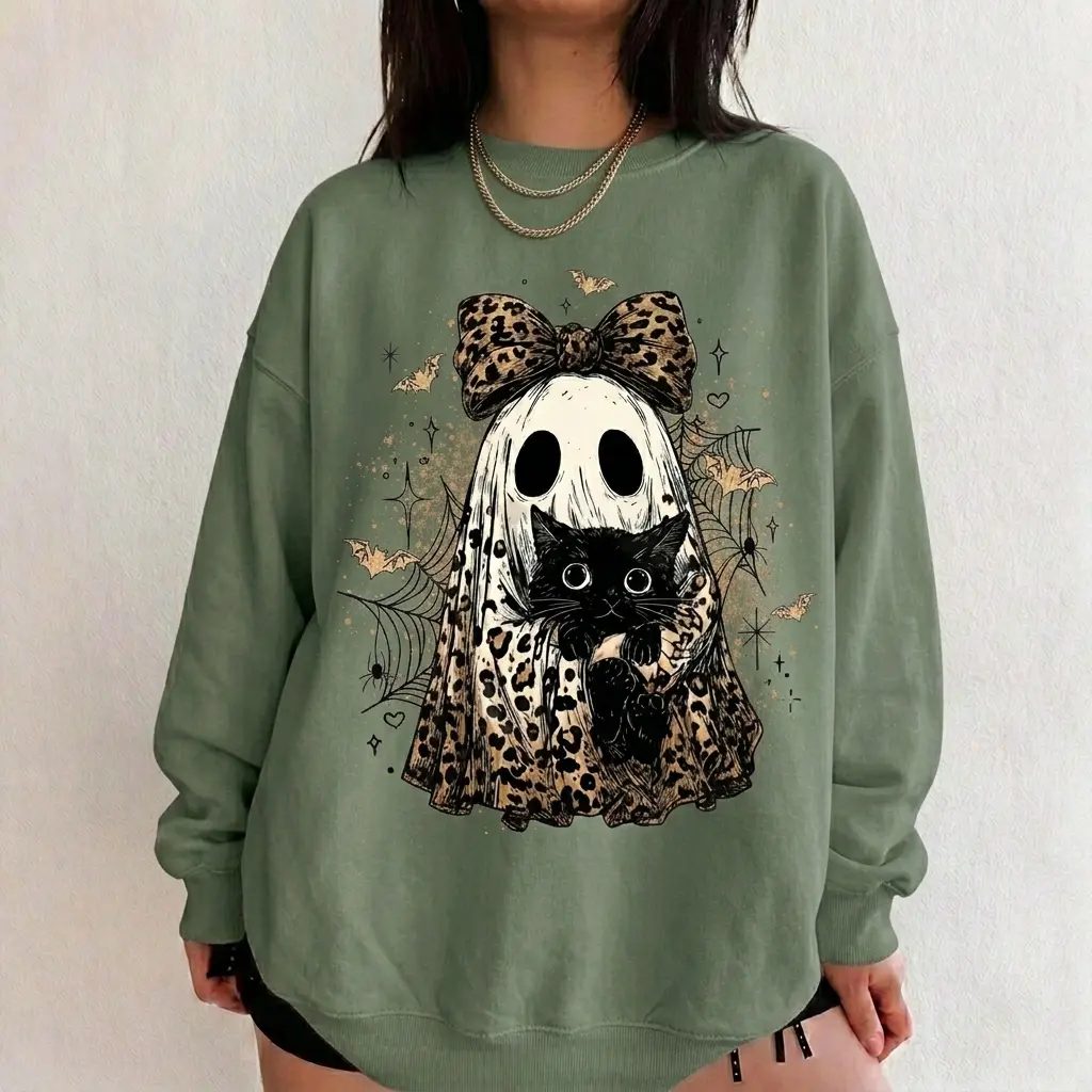 Leopard Bow Ghost Sweatshirt, Coquette Black Cat Crewneck, Whimsigoth Halloween Crewneck, Gift for Her — photo 3