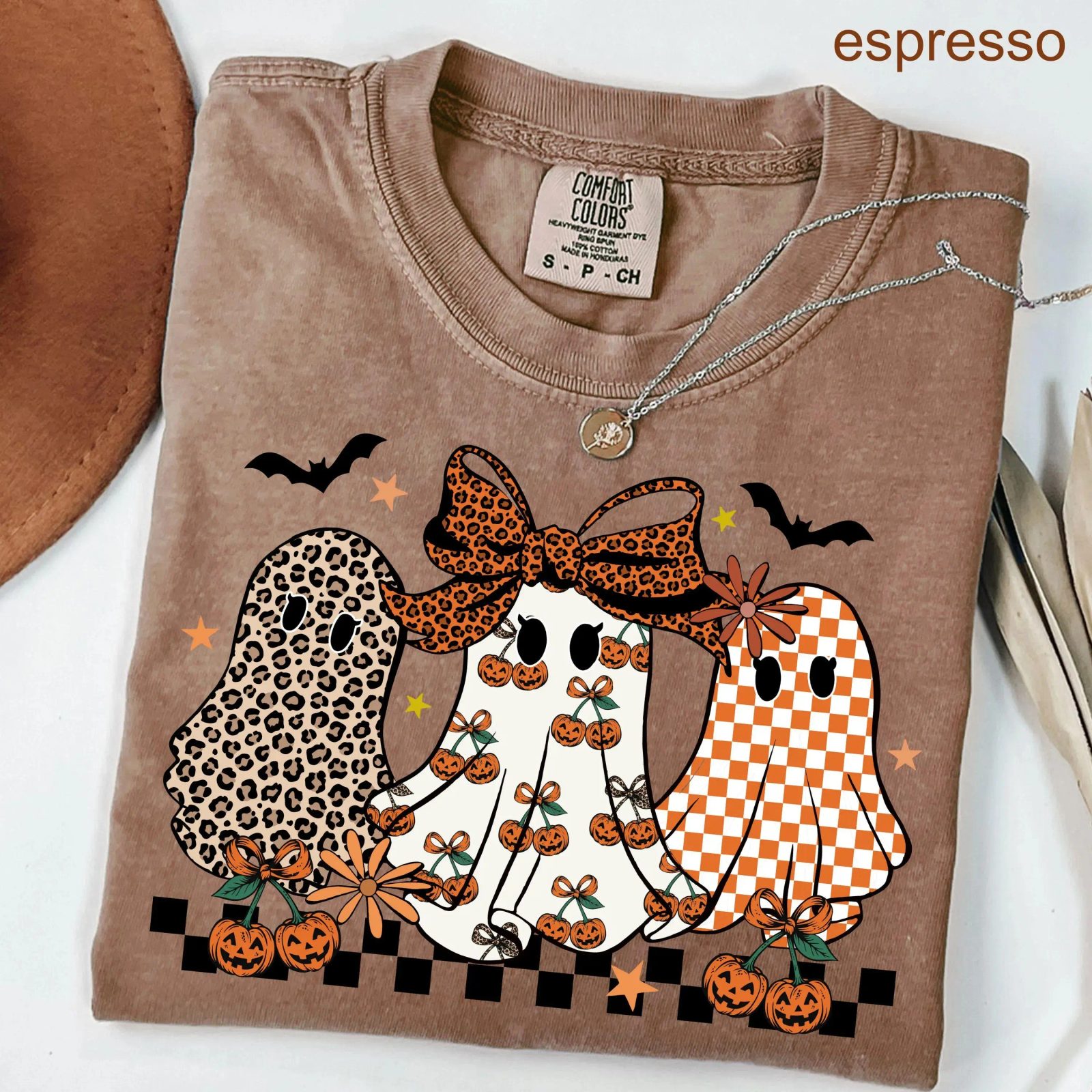 Comfort Colors Leopard Ghost Shirt, Checkered Pumpkin Halloween Tee, Coquette Fall Gift for Her