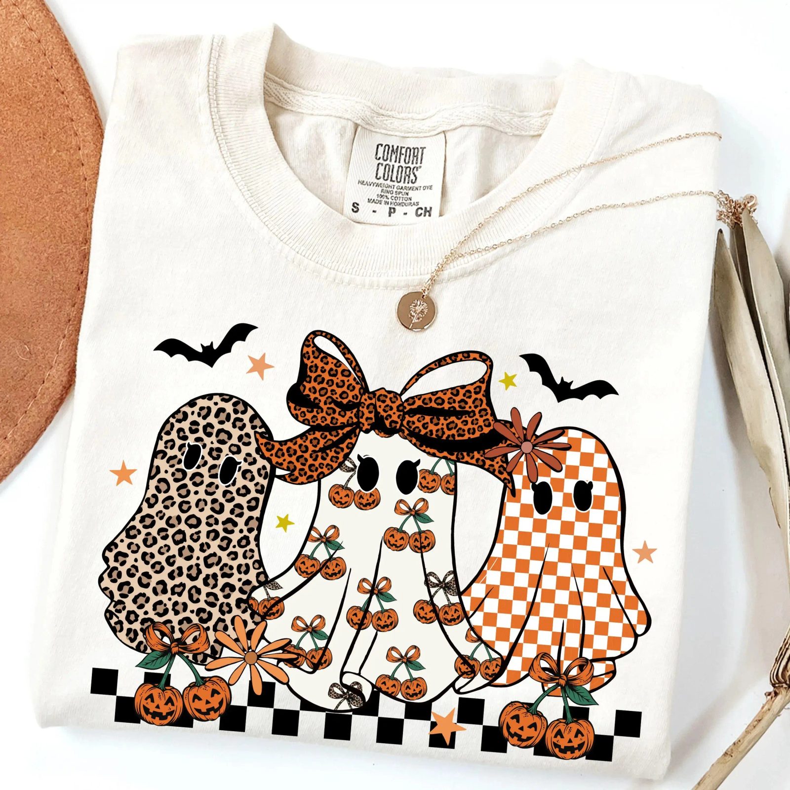 Comfort Colors Leopard Ghost Shirt, Checkered Pumpkin Halloween Tee, Coquette Fall Gift for Her — photo 4
