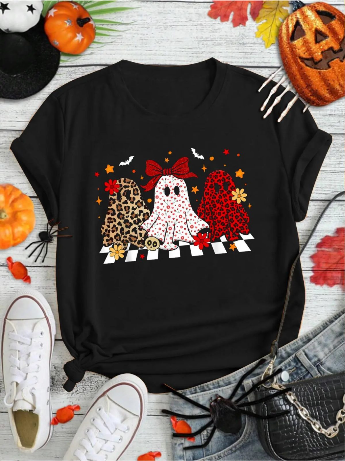 Leopard Ghost Trio Halloween Party Shirt, Coquette Bow Ghost Tee, Friends Halloween Shirt for Fall