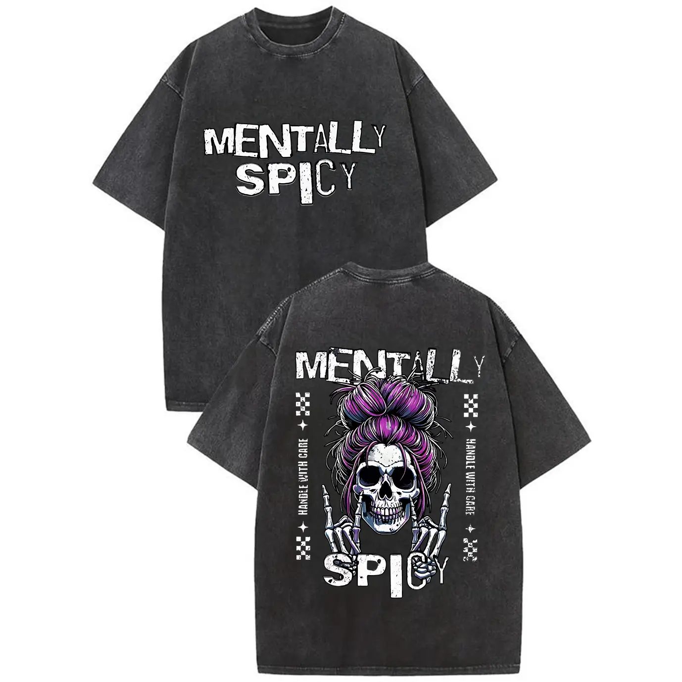 Mentally Spicy Skull Shirt, Vintage Washed Skeleton Graphic T Shirt for Women, Spooky Season Gift for Her