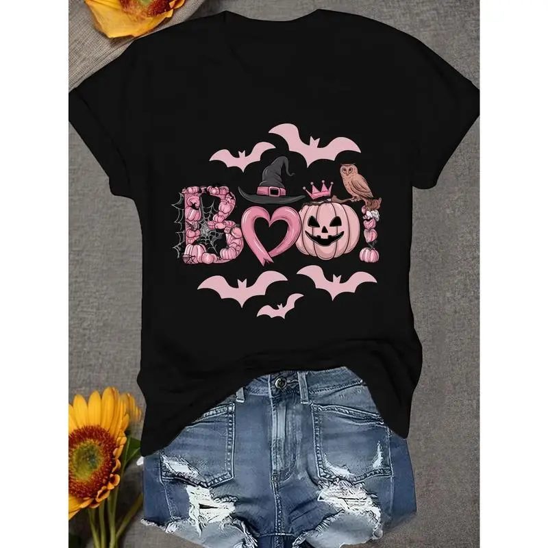 Pink Boo Shirt with Jack-o'-Lantern, Halloween Pumpkin Shirt, Bats and Owl Fall Gift for Her
