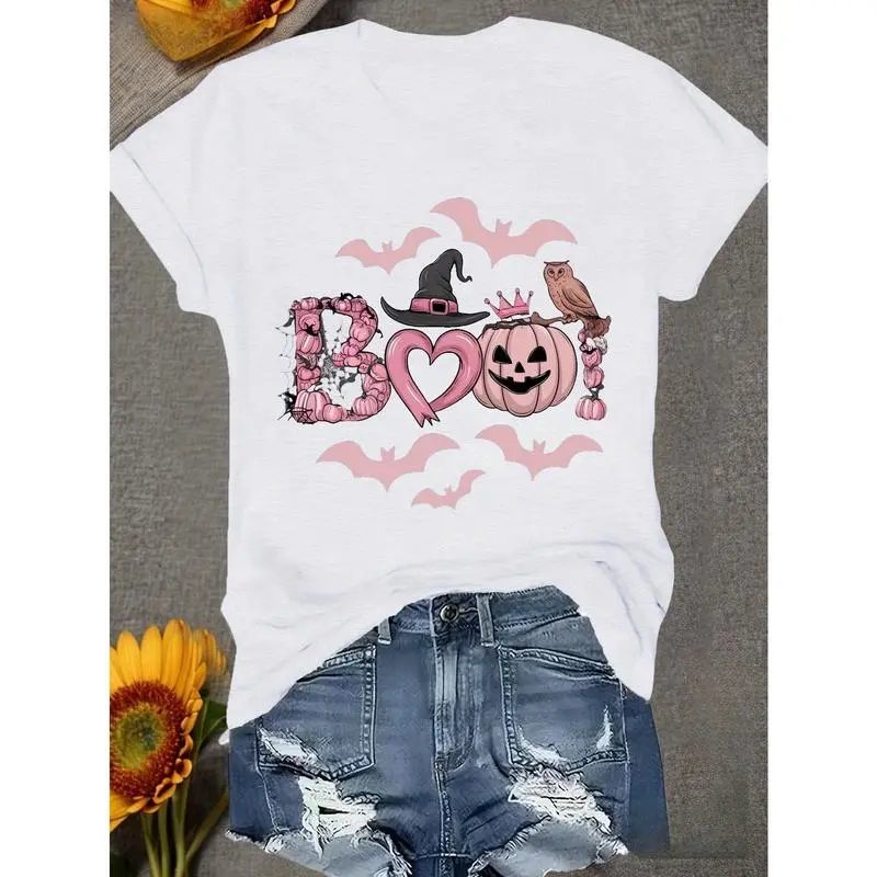 Pink Boo Shirt with Jack-o'-Lantern, Halloween Pumpkin Shirt, Bats and Owl Fall Gift for Her — photo 2