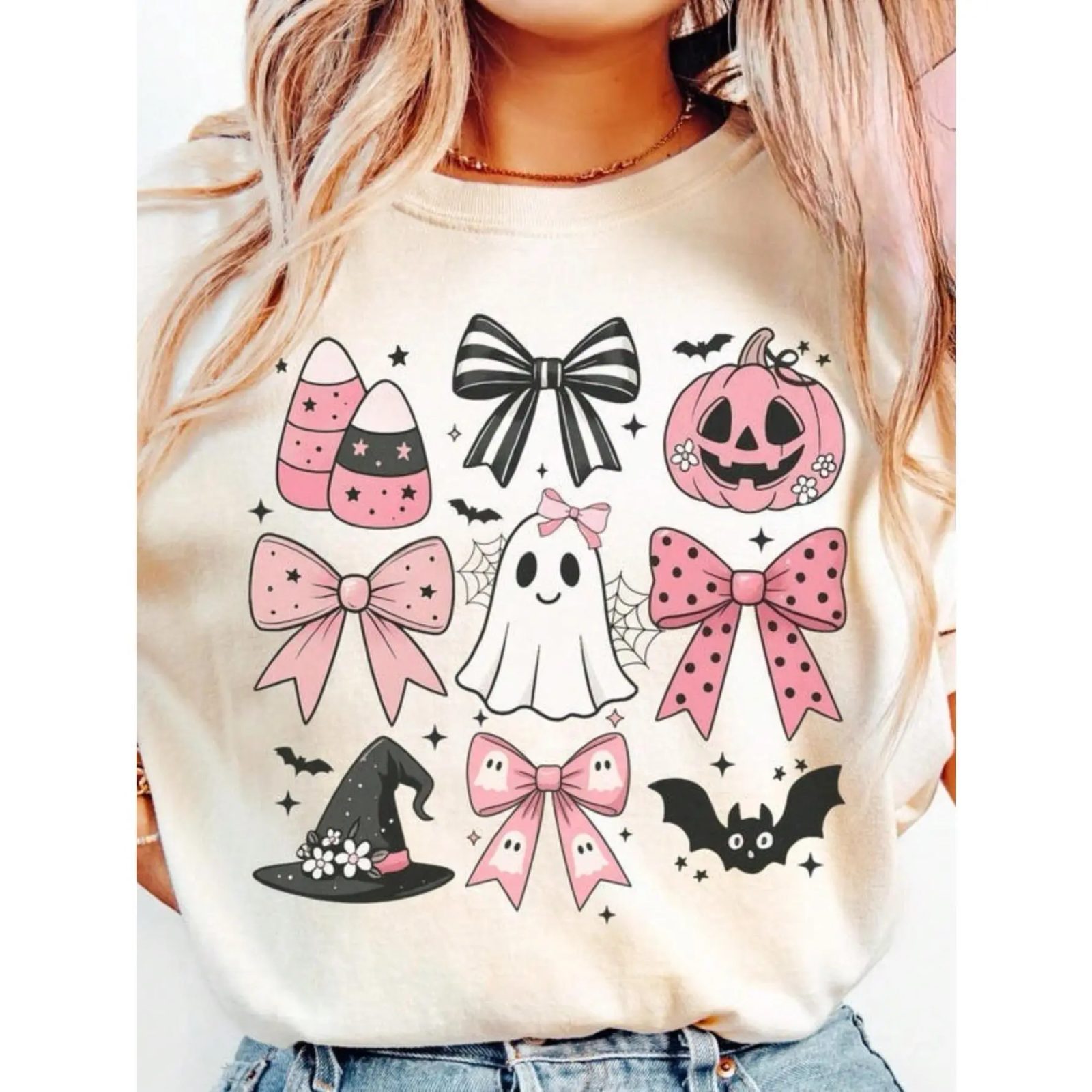 Comfort Colors Pink Bows and Ghost Halloween Tee, Cute Ghost Shirt, Coquette Fall Gift for Her