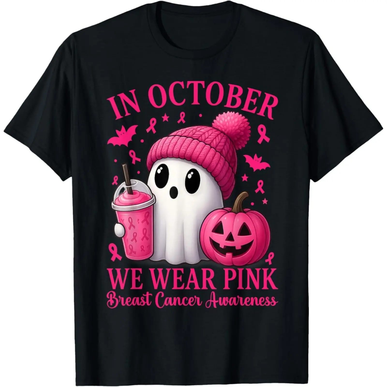 In October We Wear Pink Shirt, Ghost Coffee Shirt for Fall, Pink Ribbon Breast Cancer Awareness Tee