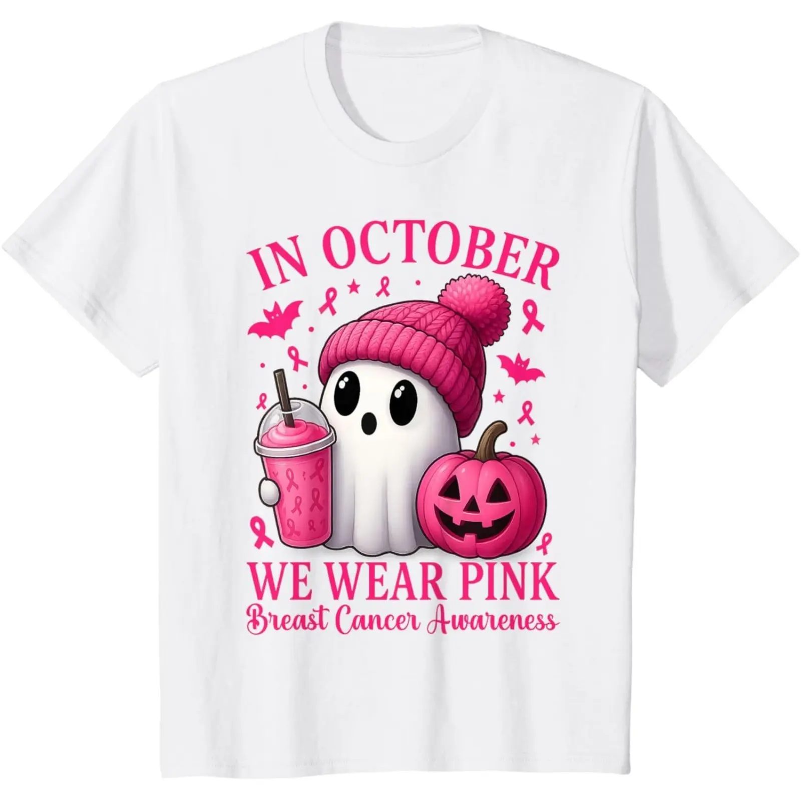 In October We Wear Pink Shirt, Ghost Coffee Shirt for Fall, Pink Ribbon Breast Cancer Awareness Tee — photo 2