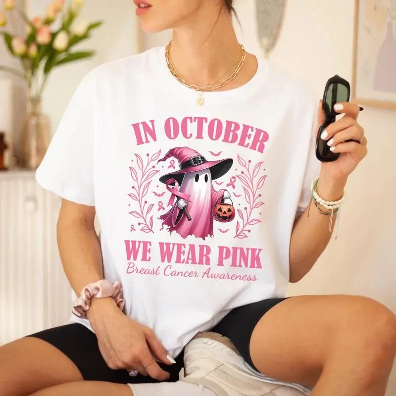 In October We Wear Pink Ghost Shirt, Witch Hat Pink Ribbon Shirt, Breast Cancer Awareness Halloween Tee — photo 3