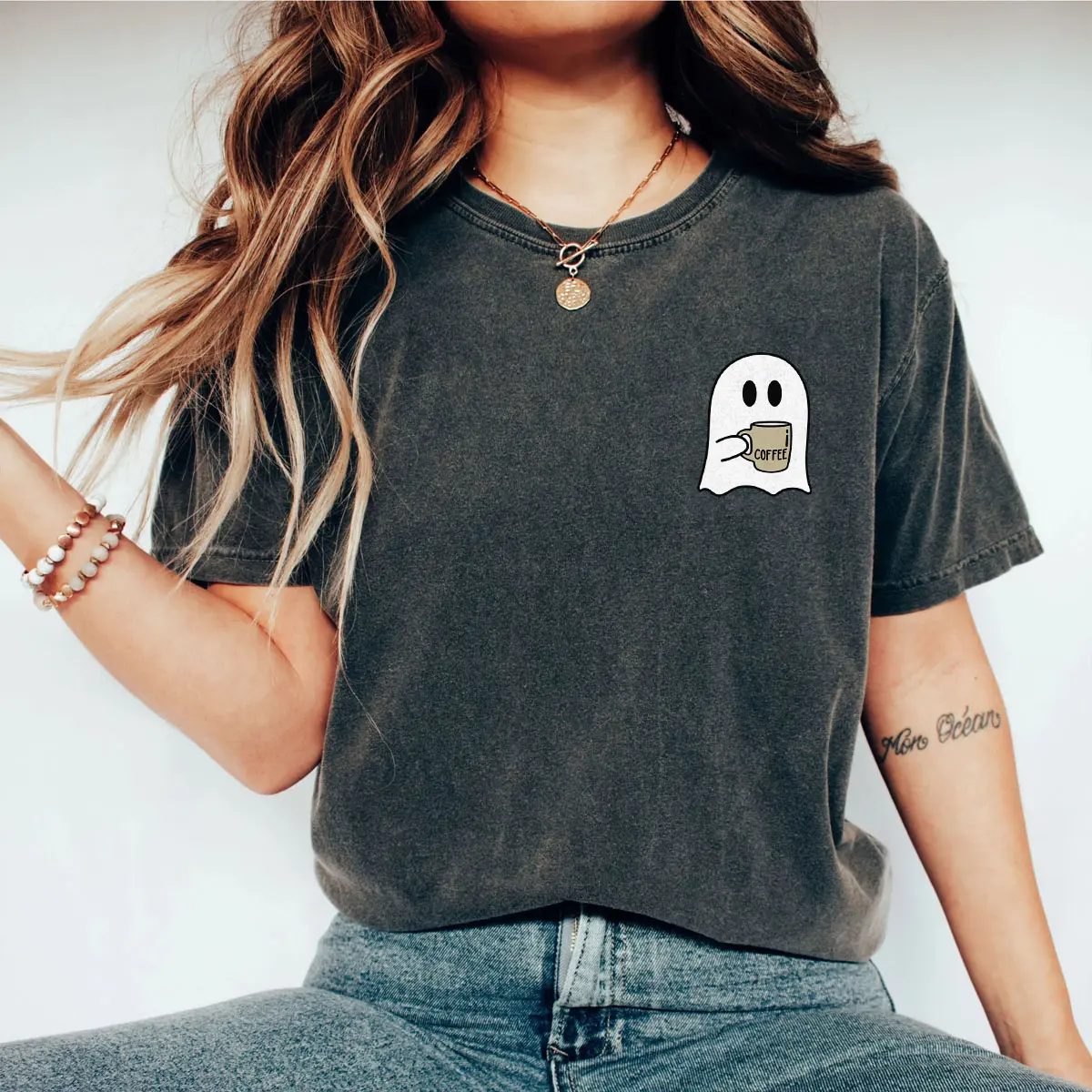 Cute Ghost Shirt, Pocket Ghost Iced Coffee Tee, Spooky Season Shirt, Halloween Gift for Coffee Lovers