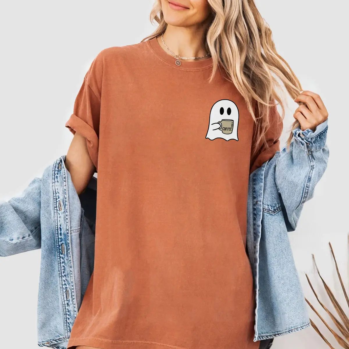 Cute Ghost Shirt, Pocket Ghost Iced Coffee Tee, Spooky Season Shirt, Halloween Gift for Coffee Lovers - photo 2