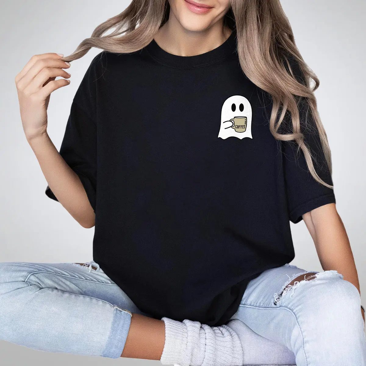 Cute Ghost Shirt, Pocket Ghost Iced Coffee Tee, Spooky Season Shirt, Halloween Gift for Coffee Lovers - photo 5