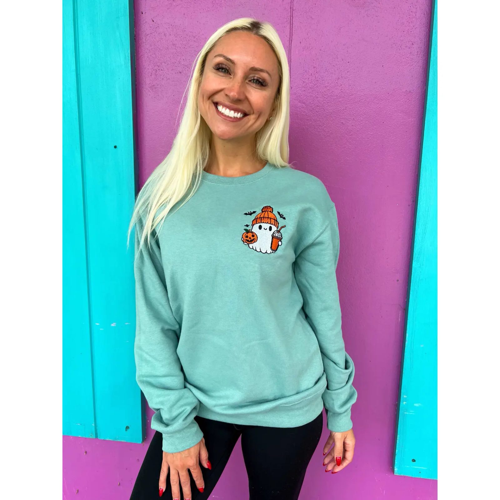 Pumpkin Spice Ghost Embroidered Sweatshirt, Cute Ghost Sweatshirt, Iced Coffee Halloween Crewneck