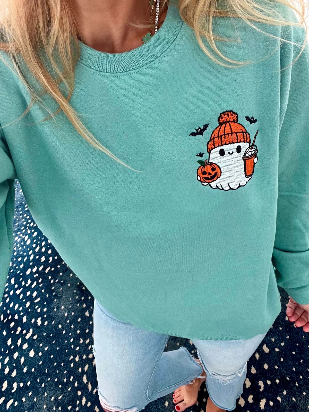 Pumpkin Spice Ghost Embroidered Sweatshirt, Cute Ghost Sweatshirt, Iced Coffee Halloween Crewneck — photo 3