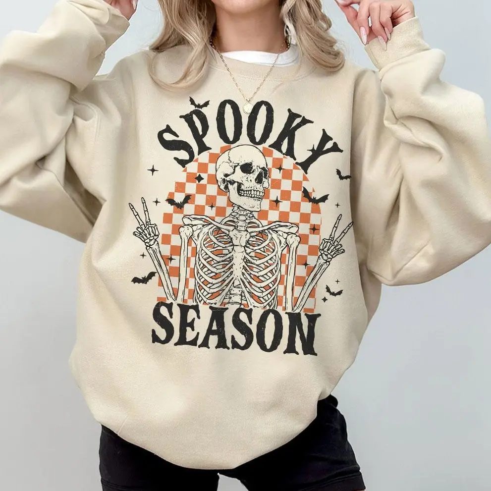 Retro Spooky Season Sweatshirt, Checkered Skeleton Halloween Crewneck, Fall Gift for Her