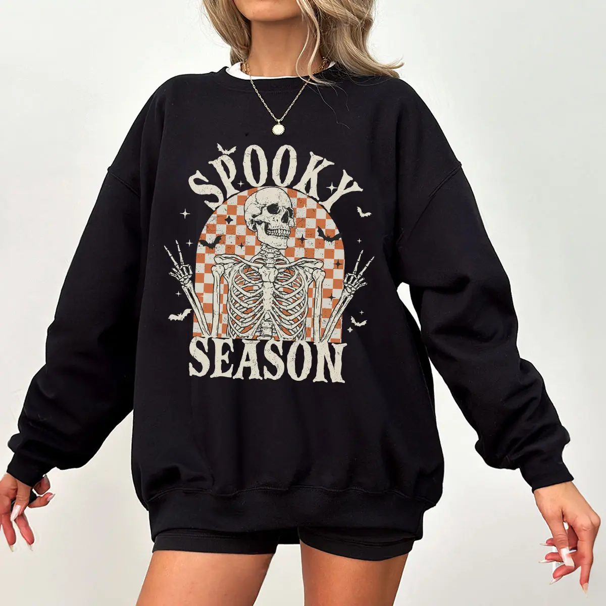 Retro Spooky Season Sweatshirt, Checkered Skeleton Halloween Crewneck, Fall Gift for Her — photo 2