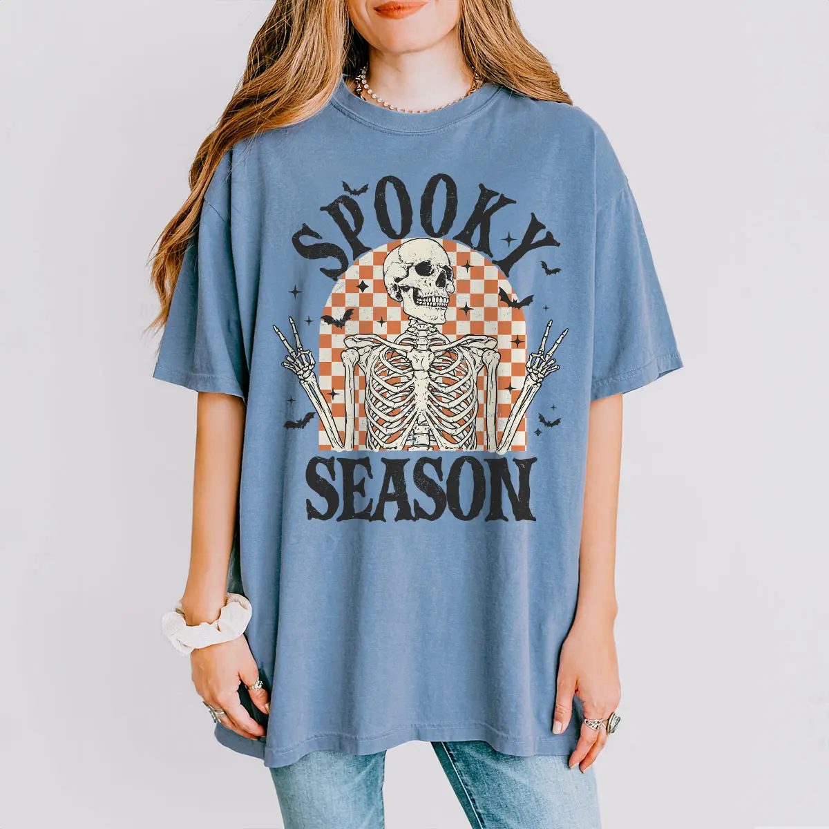 Retro Spooky Season Sweatshirt, Checkered Skeleton Halloween Crewneck, Fall Gift for Her — photo 3