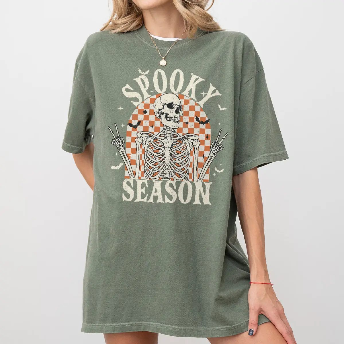 Retro Spooky Season Sweatshirt, Checkered Skeleton Halloween Crewneck, Fall Gift for Her — photo 4