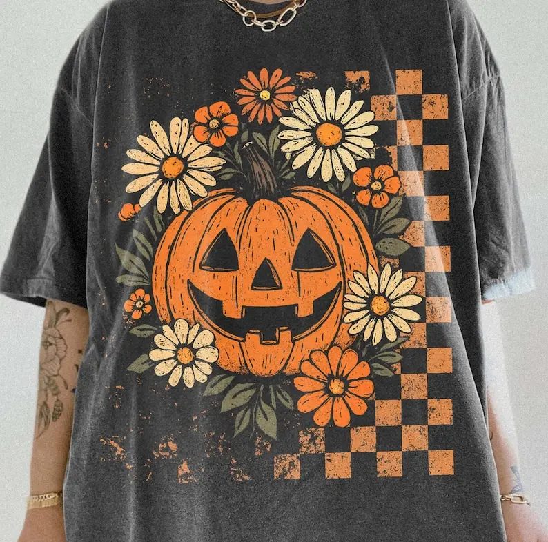 Retro Floral Pumpkin Shirt, Checkered Jack-O-Lantern Tee, Vintage Pumpkin Patch Shirt, Fall Gift for Her — photo 3