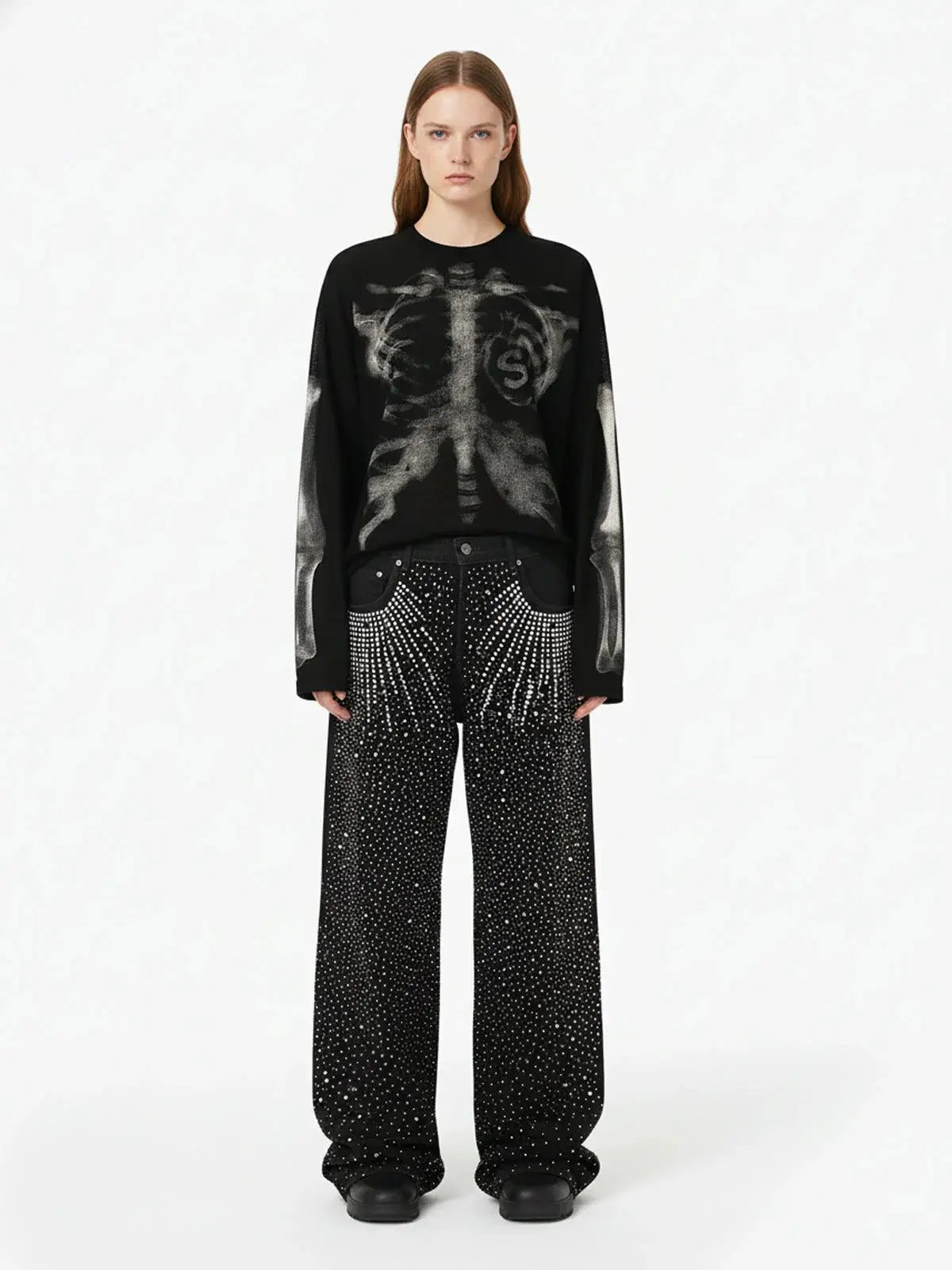 Skeleton X-Ray Waffle Knit Sweatshirt, Grunge Halloween Crewneck, Spooky Season Gift for Her