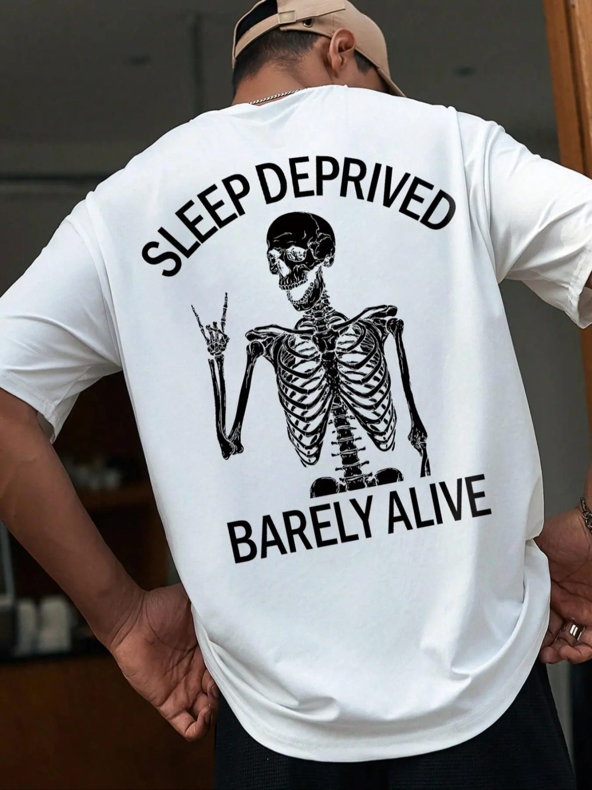 Sleep Deprived Barely Alive Skeleton Graphic Tee, Skeleton Shirt, Halloween Gift for Him — photo 3