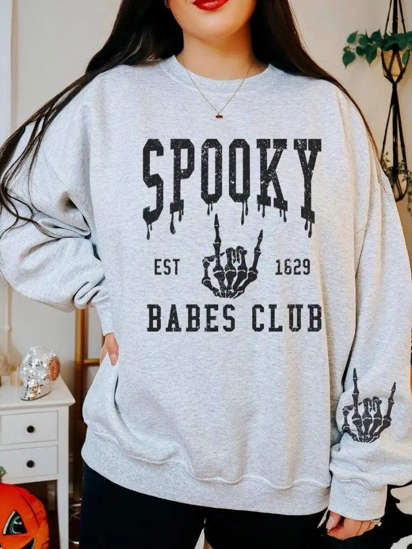 Spooky Babes Club Halloween Sweatshirt, Skeleton Hand Crewneck, Spooky Season Gift for Her