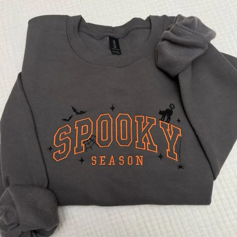 Spooky Season Embroidered Sweatshirt, Black Cat Halloween Crewneck, Spooky Season Sweatshirt Gift