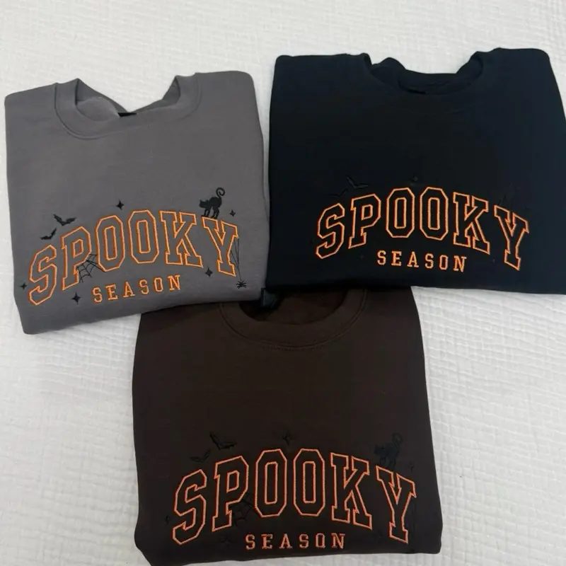Spooky Season Embroidered Sweatshirt, Black Cat Halloween Crewneck, Spooky Season Sweatshirt Gift — photo 2