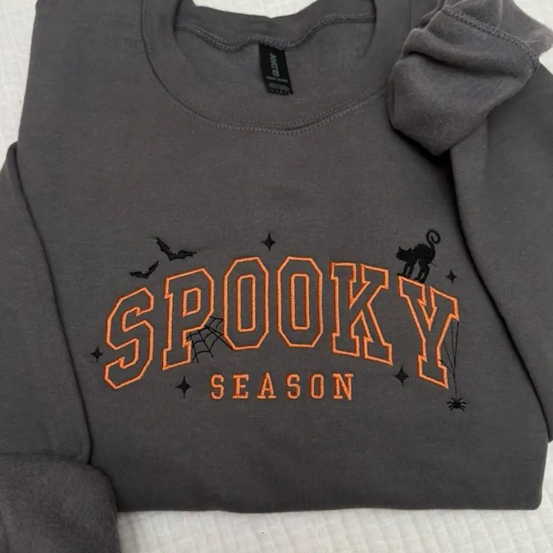 Spooky Season Embroidered Sweatshirt, Black Cat Halloween Crewneck, Spooky Season Sweatshirt Gift — photo 3