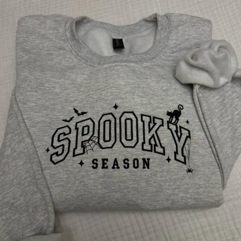 Spooky Season Embroidered Sweatshirt, Black Cat Halloween Crewneck, Spooky Season Sweatshirt Gift — photo 4