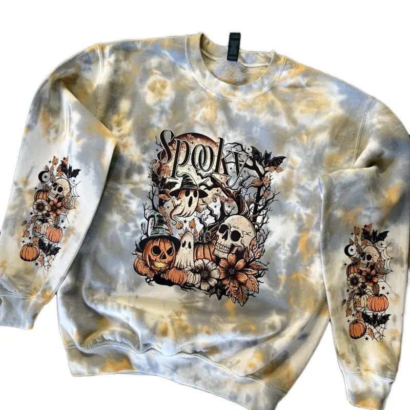 Spooky Skull and Pumpkin Halloween Sweatshirt, Retro Spooky Season Crewneck, Fall Gift for Her