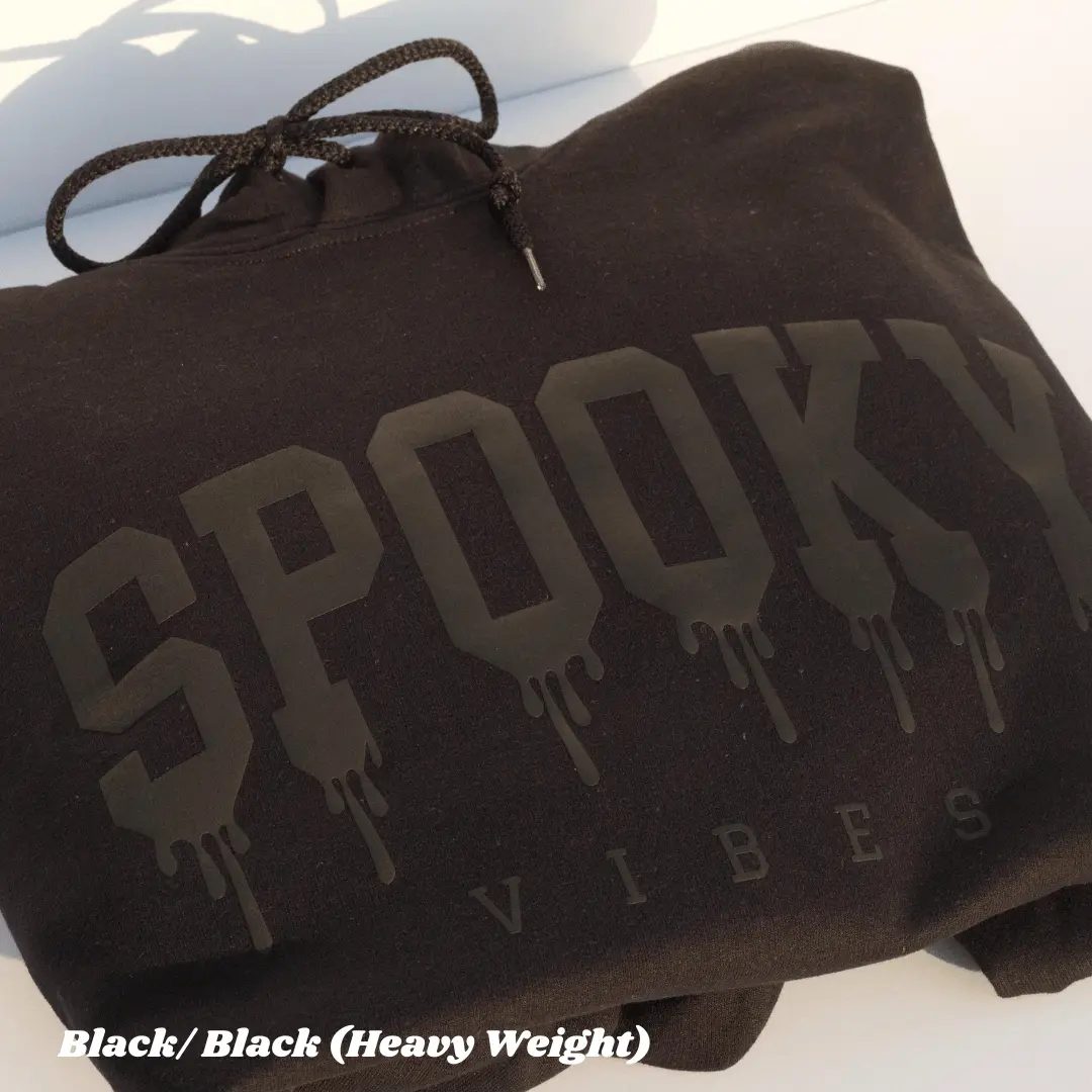 Spooky Vibes Halloween Hoodie, Black on Black Drip Print Pullover, Spooky Season Gift