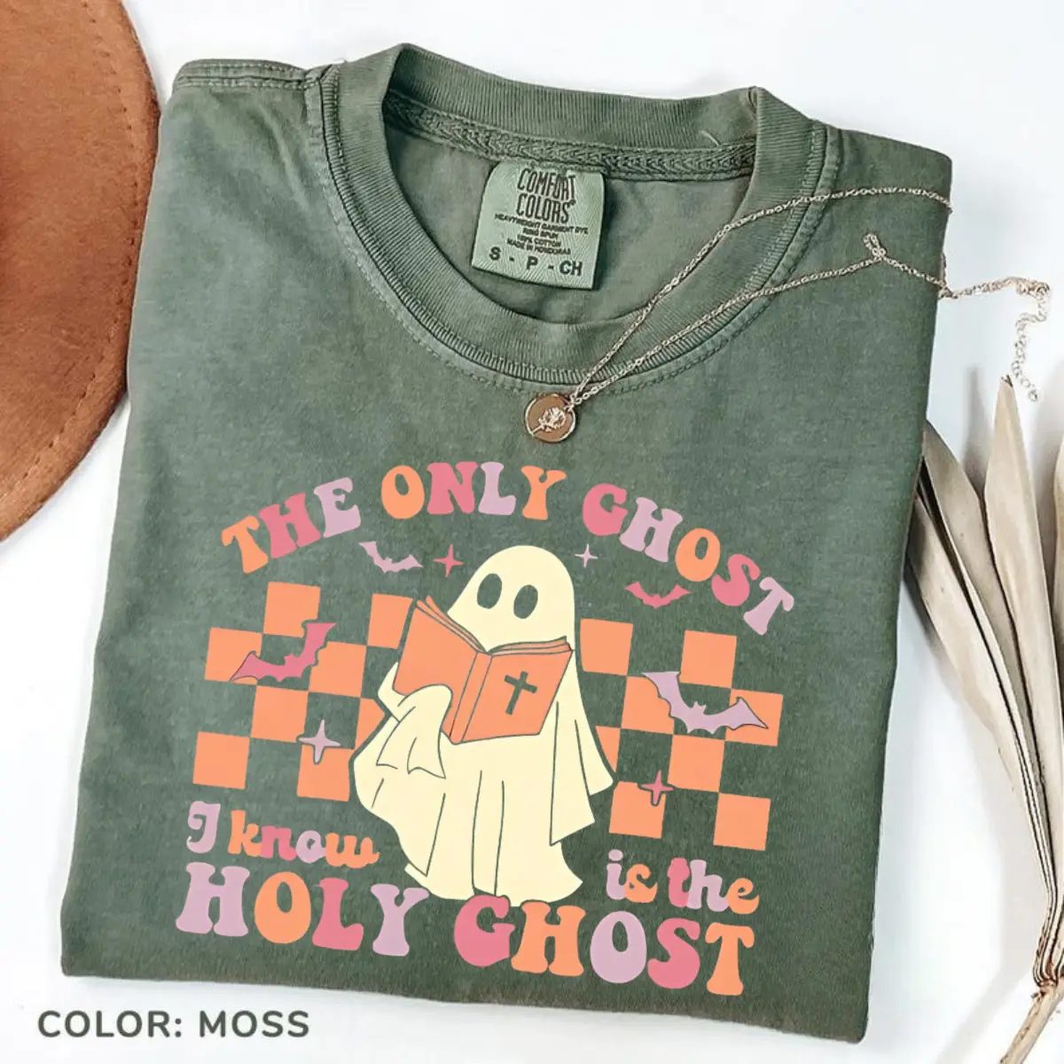 The Only Ghost I Know Is The Holy Ghost Shirt, Checkered Ghost Tee, Cute Halloween Shirt — photo 2