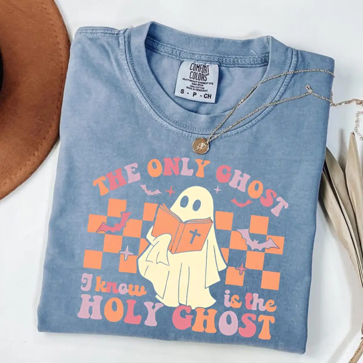 The Only Ghost I Know Is The Holy Ghost Shirt, Checkered Ghost Tee, Cute Halloween Shirt — photo 3