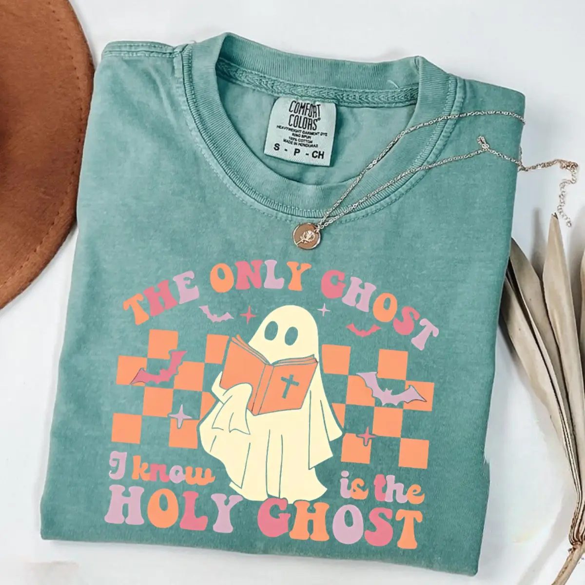 The Only Ghost I Know Is The Holy Ghost Shirt, Checkered Ghost Tee, Cute Halloween Shirt — photo 4