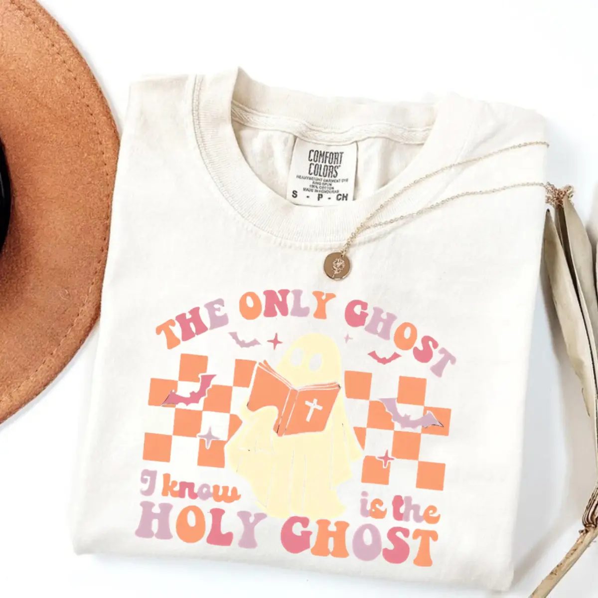 The Only Ghost I Know Is The Holy Ghost Shirt, Checkered Ghost Tee, Cute Halloween Shirt — photo 5