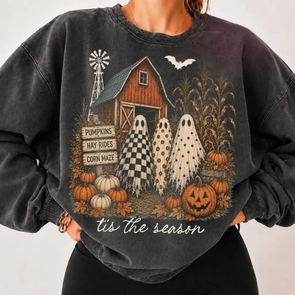 Tis The Season Ghost Sweatshirt, Retro Halloween Sweatshirt, Pumpkin Patch Barn Crewneck, Cozy Fall Gift